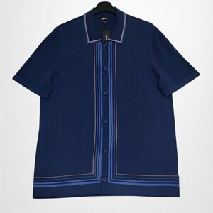 NEW Express Button Down Striped Border Sweater Polo Shirt Mens Medium Navy Blue